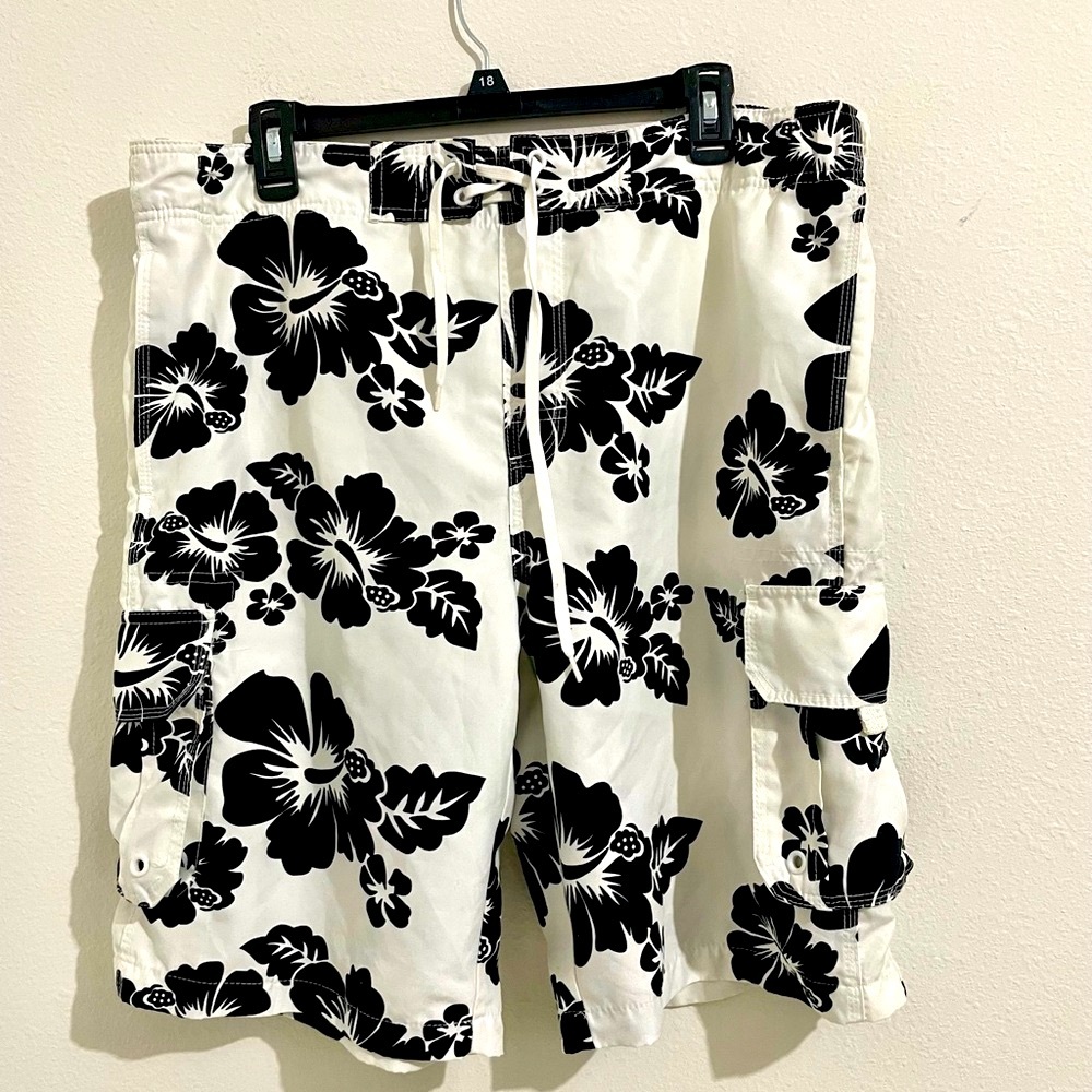 Black and White Floral Cargo style swim trunks
